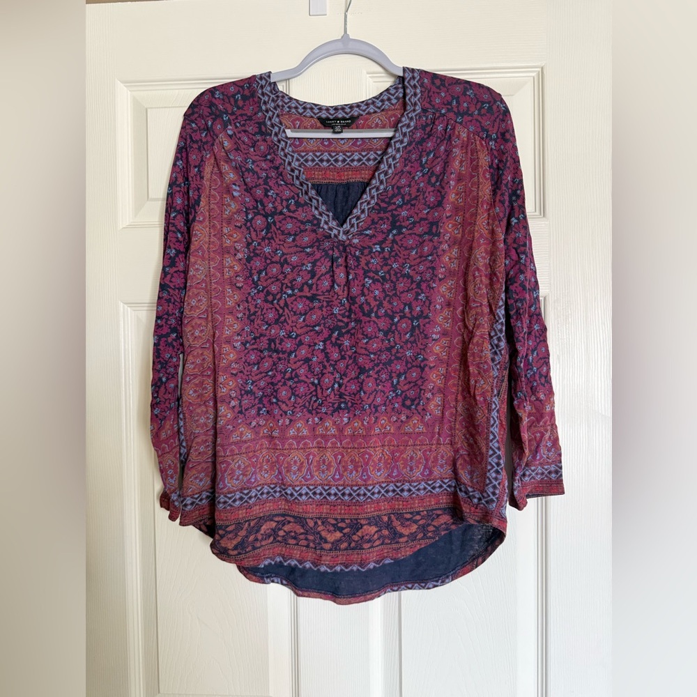 Lucky Brand Burgundy and Navy Floral Border-Print Peasant Blouse